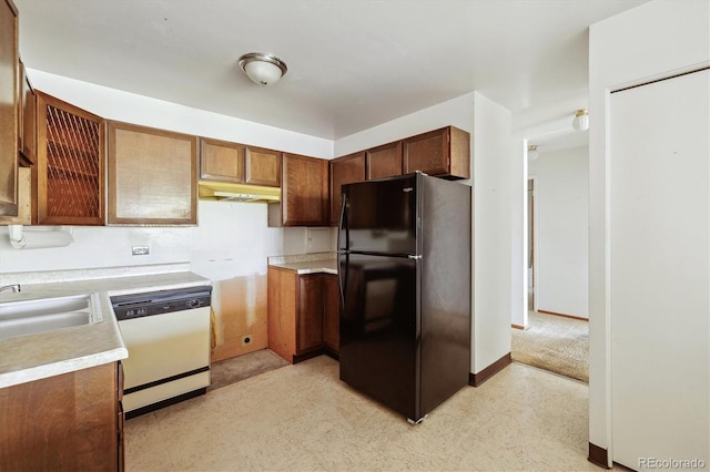 655 S Alton Way Unit 8D, Denver, CO 80247 - kitchen featuring freestanding refrigerator, white dishwasher, a sink, light floors, and light countertops