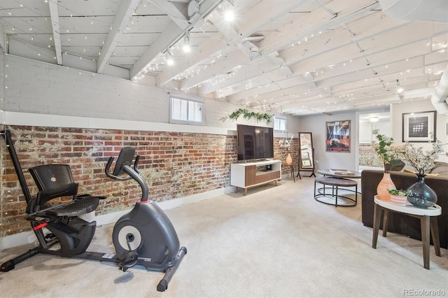 3044 W 40th Ave, Denver, CO 80211 - workout room featuring brick wall and carpet flooring