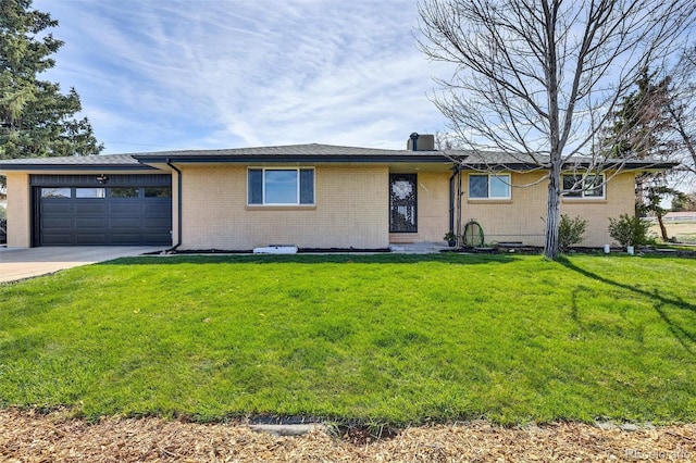 ranch-style house with brick siding, an attached garage, driveway, and a front yard