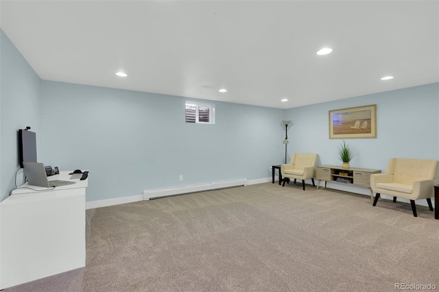 sitting room featuring baseboard heating, carpet floors, recessed lighting, and baseboards