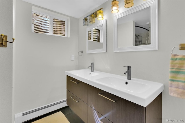 full bathroom featuring baseboard heating, tile patterned flooring, and double vanity
