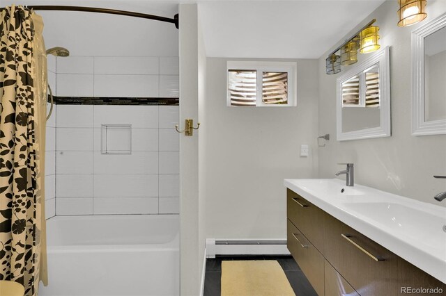 full bath featuring baseboard heating, shower / bathtub combination with curtain, tile patterned flooring, and double vanity
