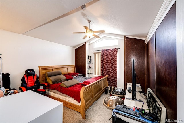 carpeted bedroom featuring ceiling fan and lofted ceiling