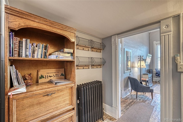 interior space with radiator, wood finished floors, and baseboards