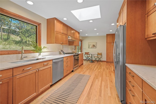 kitchen with appliances with stainless steel finishes, a skylight, light hardwood / wood-style floors, and sink