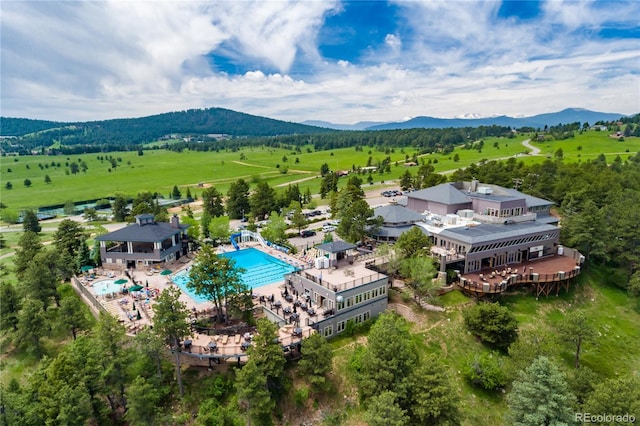 drone / aerial view featuring a mountain view