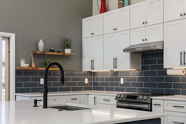 2539 Lake Meadow Dr, Lafayette, CO 80026 - kitchen featuring under cabinet range hood, open shelves, stainless steel electric stove, a sink, and decorative backsplash
