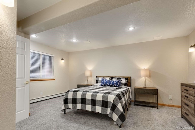 2539 Lake Meadow Dr, Lafayette, CO 80026 - bedroom featuring a baseboard radiator, light carpet, recessed lighting, baseboards, and a textured ceiling