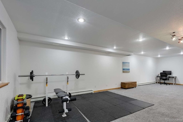 2539 Lake Meadow Dr, Lafayette, CO 80026 - exercise room featuring recessed lighting, baseboard heating, baseboards, a textured ceiling, and carpet
