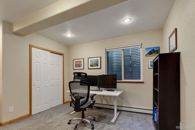 2539 Lake Meadow Dr, Lafayette, CO 80026 - carpeted office with baseboards, a baseboard radiator, a textured ceiling, a textured wall, and recessed lighting