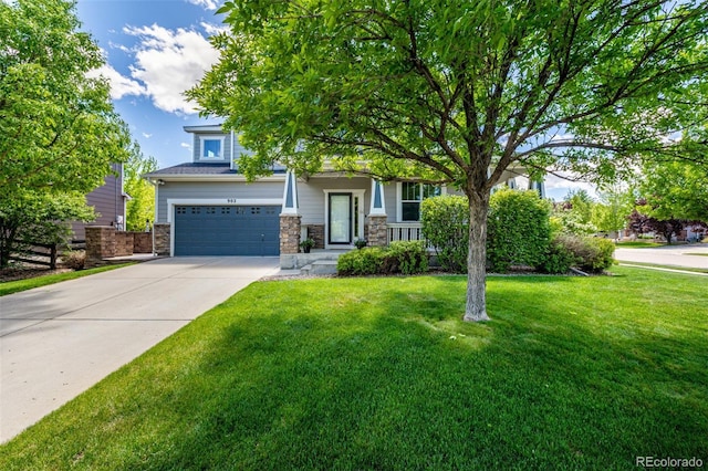 902 Jarvis Dr, Erie, CO 80516 - view of property hidden behind natural elements featuring concrete driveway, a front yard, and a garage