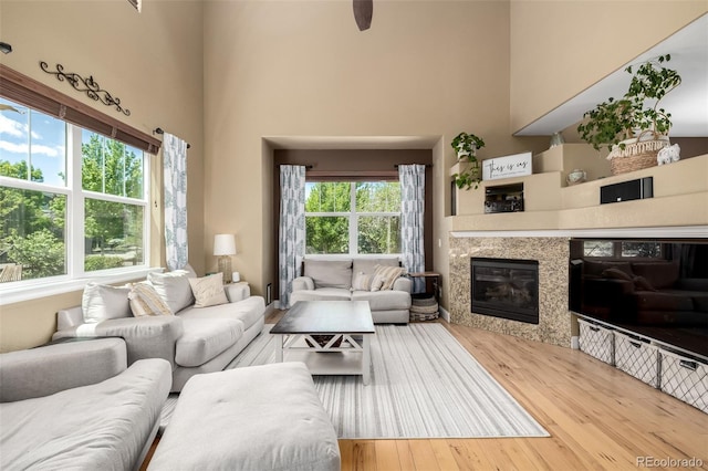 902 Jarvis Dr, Erie, CO 80516 - living room with a high ceiling, wood finished floors, and a glass covered fireplace