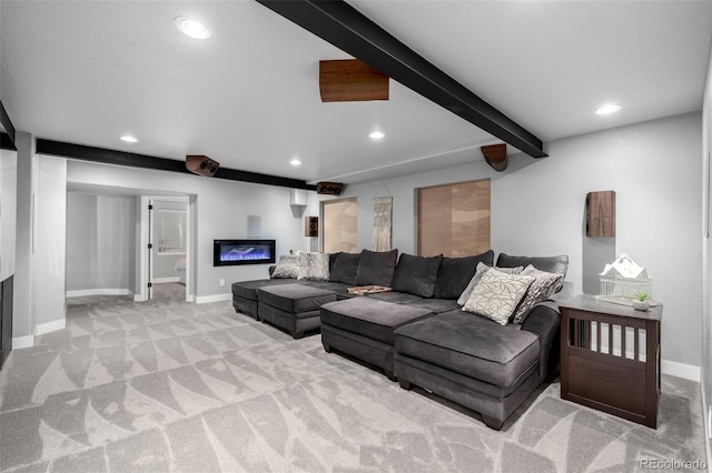 902 Jarvis Dr, Erie, CO 80516 - living area featuring light carpet, recessed lighting, baseboards, a glass covered fireplace, and beam ceiling