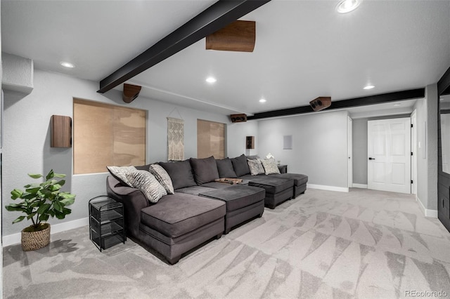 902 Jarvis Dr, Erie, CO 80516 - carpeted living area featuring recessed lighting, baseboards, and beamed ceiling