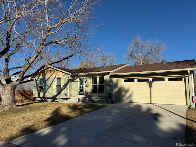 single story home with concrete driveway, brick siding, roof with shingles, and an attached garage