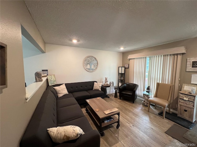 living area with light wood-style flooring and a textured ceiling