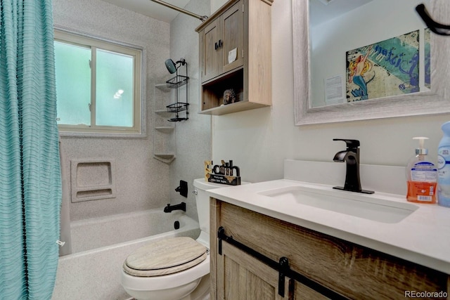 full bathroom with vanity, toilet, and shower / bathtub combination with curtain