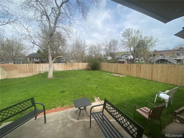 view of yard featuring a fenced backyard and a patio