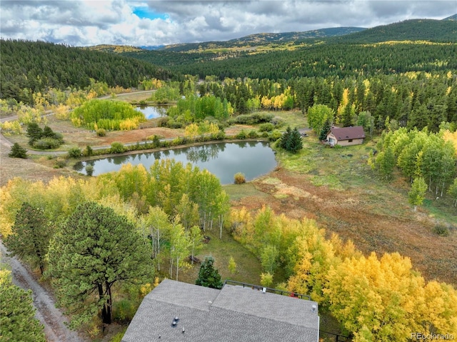 birds eye view of property with a water and mountain view