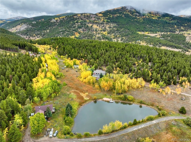 drone / aerial view with a water and mountain view