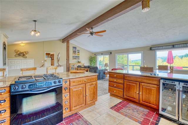 kitchen with wine cooler, a textured ceiling, gas stove, and lofted ceiling with beams