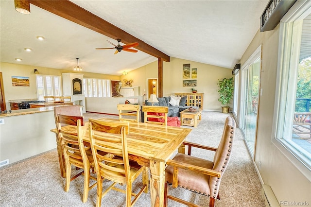 dining room featuring light carpet, vaulted ceiling with beams, and ceiling fan