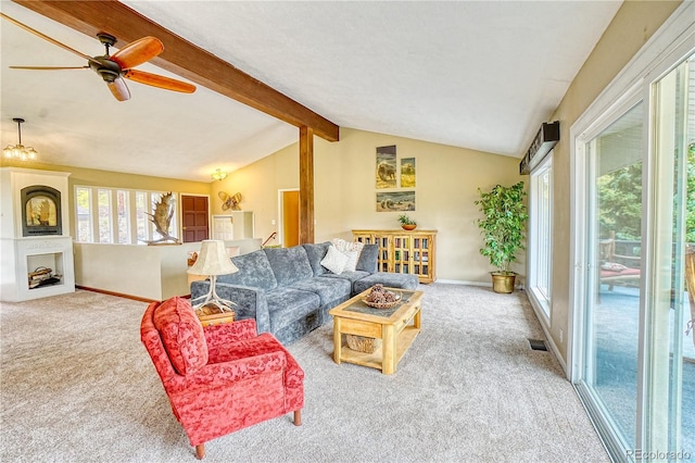 living room with vaulted ceiling with beams, carpet flooring, and ceiling fan