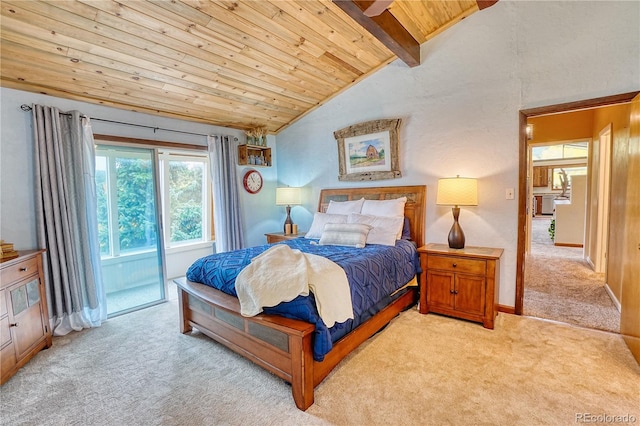 bedroom with wood ceiling, vaulted ceiling with beams, light colored carpet, and access to exterior