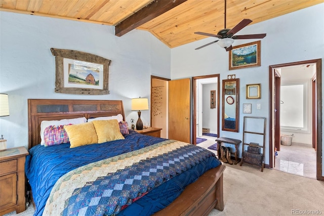 bedroom with wood ceiling, beamed ceiling, light colored carpet, connected bathroom, and ceiling fan