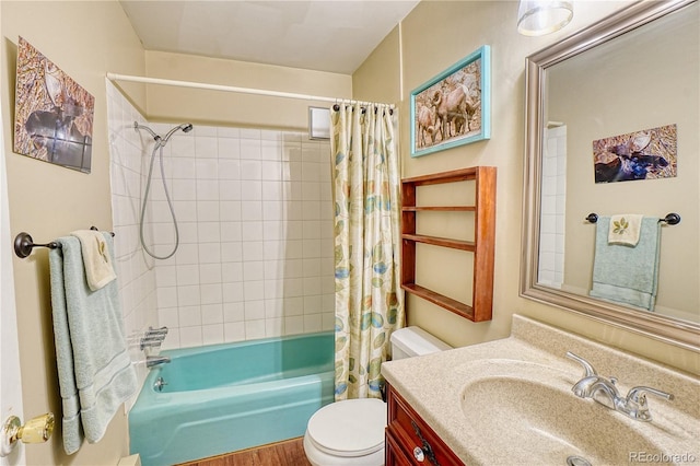 full bathroom featuring shower / bath combination with curtain, vanity, and toilet