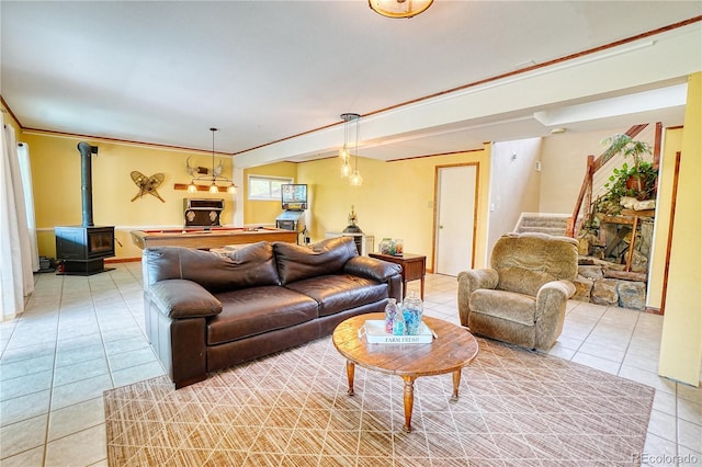 tiled living room featuring ornamental molding and a wood stove