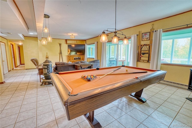 playroom with a baseboard heating unit, light tile patterned flooring, plenty of natural light, and billiards