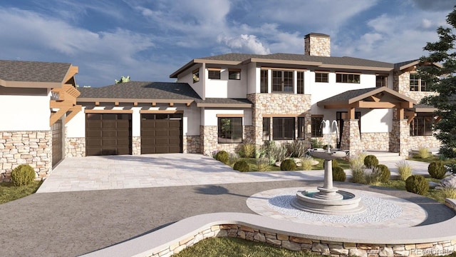 7969 Forest Keep Cir, Parker, CO 80134 - view of front of house with stucco siding, stone siding, a garage, a chimney, and decorative driveway