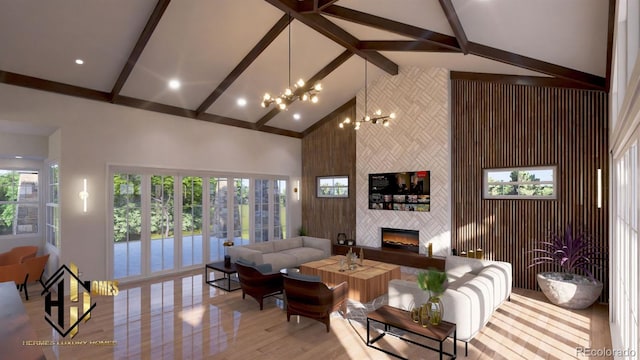 7969 Forest Keep Cir, Parker, CO 80134 - living area with beamed ceiling, a large fireplace, a chandelier, light wood finished floors, and high vaulted ceiling