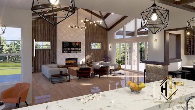 7969 Forest Keep Cir, Parker, CO 80134 - dining room with high vaulted ceiling, a large fireplace, wood finished floors, beam ceiling, and a chandelier