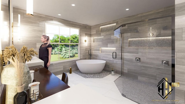 7969 Forest Keep Cir, Parker, CO 80134 - bathroom with tile walls, a stall shower, a soaking tub, and recessed lighting