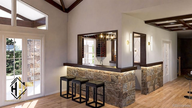 7969 Forest Keep Cir, Parker, CO 80134 - indoor wet bar with coffered ceiling, wood-type flooring, and beamed ceiling
