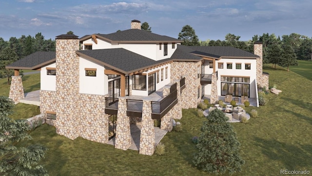 7969 Forest Keep Cir, Parker, CO 80134 - back of house with a chimney, stone siding, a yard, and stucco siding