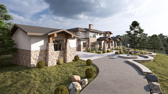 7969 Forest Keep Cir, Parker, CO 80134 - view of front of home with stucco siding, stone siding, a front yard, and a chimney