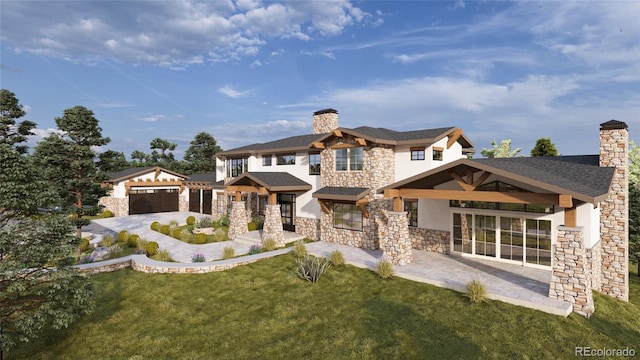 7969 Forest Keep Cir, Parker, CO 80134 - view of front of home with stone siding, a chimney, stucco siding, a front yard, and driveway
