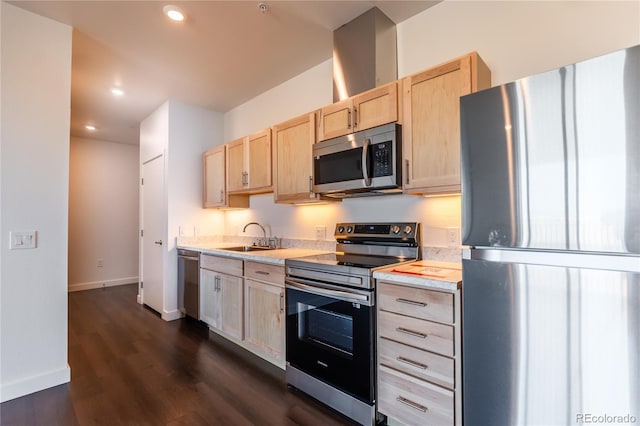 kitchen featuring light brown cabinetry, sink, dark hardwood / wood-style floors, and appliances with stainless steel finishes