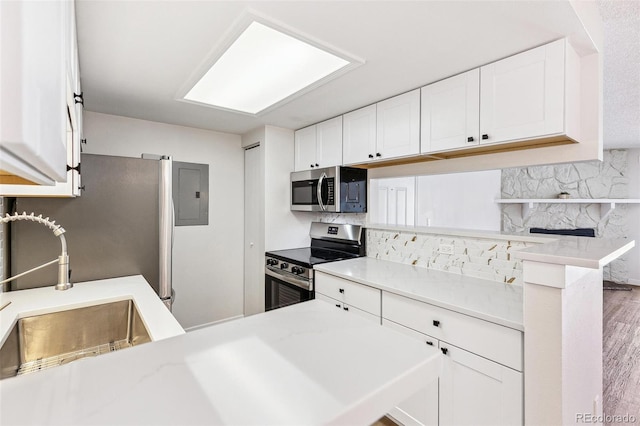 18302 E Kepner Pl Unit 207, Aurora, CO 80017 - kitchen featuring stainless steel appliances, white cabinetry, electric panel, wood finished floors, and tasteful backsplash