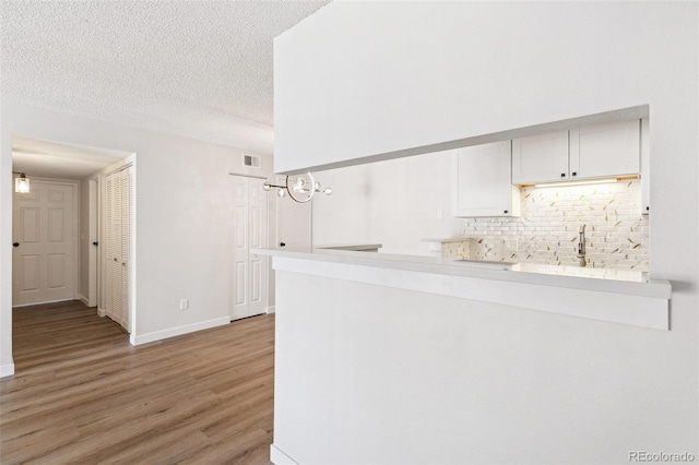 18302 E Kepner Pl Unit 207, Aurora, CO 80017 - kitchen featuring light wood-type flooring, backsplash, a textured ceiling, a peninsula, and light countertops