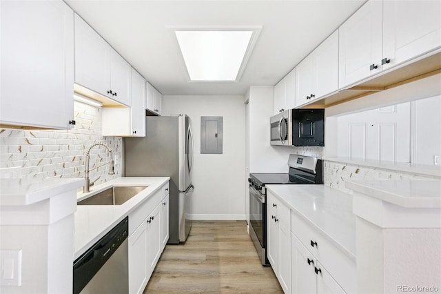 18302 E Kepner Pl Unit 207, Aurora, CO 80017 - kitchen with appliances with stainless steel finishes, electric panel, backsplash, white cabinetry, and light wood-type flooring