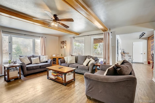 living area featuring light wood finished floors, a textured ceiling, a ceiling fan, and beamed ceiling