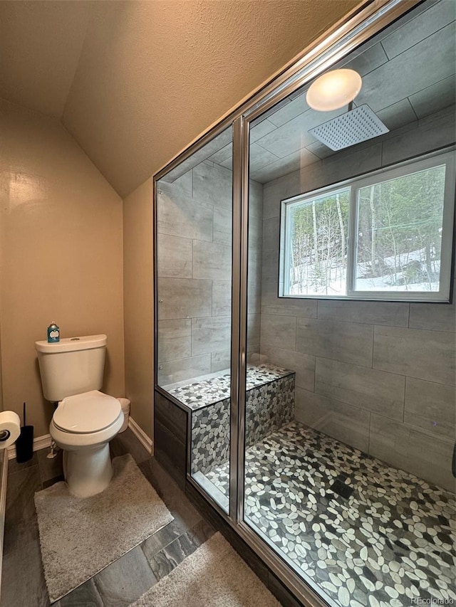 bathroom with a shower stall, baseboards, toilet, and vaulted ceiling