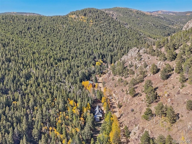birds eye view of property with a view of trees and a mountain view