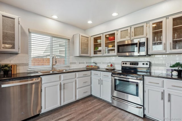 kitchen with backsplash, dark hardwood / wood-style flooring, sink, and appliances with stainless steel finishes