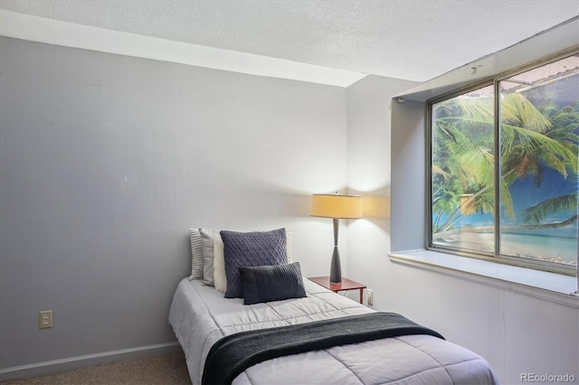 bedroom with a textured ceiling and carpet floors