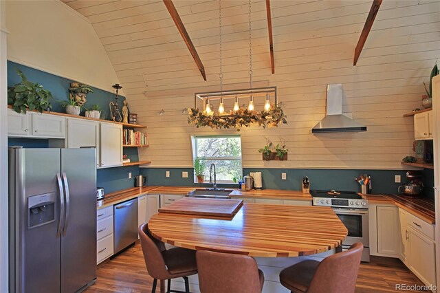 57191 Me Rd, Collbran, CO 81624 - kitchen with stainless steel appliances, wall chimney exhaust hood, a sink, wood counters, and a chandelier